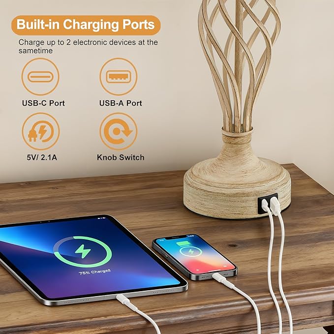 Bedside Table Lamp for Bedroom Set of 2 - Beige Nightstand Lamps with USB C+A Ports,Rustic Distressed Farmhouse Bedroom Lamp - Lamp for Living Room Reading Bed Side End Table Bulbs Included - Bloomnest