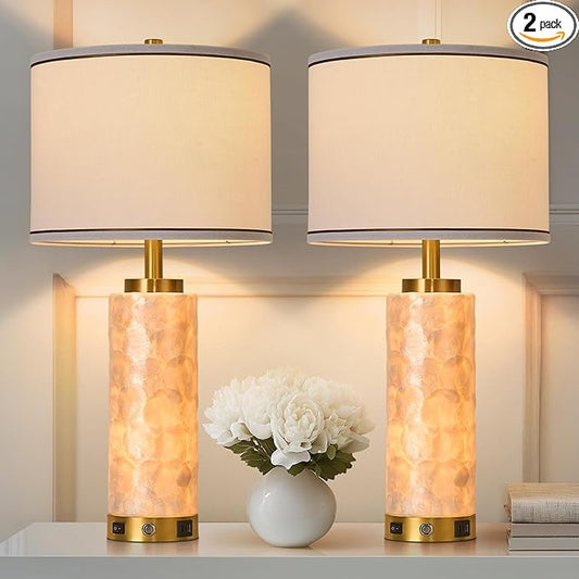 AIDENOEY 26" Modern Art Glass Table & Bedside Lamp, Stepless Dimmable Base + Dimmable 3-Color Light, USB A/C Charging Ports, Touch Control & Switch for Bedroom, Living Room, Office, Study - Bloomnest