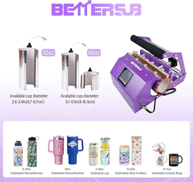 BetterSub 3in1 40 OZ Tumbler Mug Heat Press Machine 30 OZ 20 OZ 16 OZ Sublimation Straight Skinny Tumbler Mug,11 OZ 15 OZ 16 OZ Sublimation Mug Heat Transfer Purple - Bloomnest
