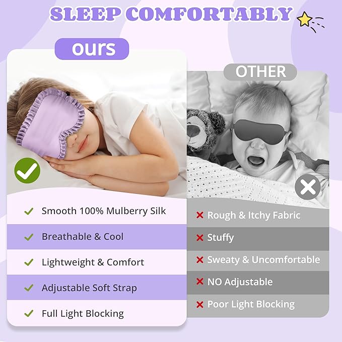 Kids Sleep Mask Eye Cover, 100% Real Mulberry Silk Sleep Mask with Adjustable Strap, Kids Blindfold for Sleeping, Boys Girls Eye Shade for Ages 5+, Soft and No Pressure (Purple) - Bloomnest