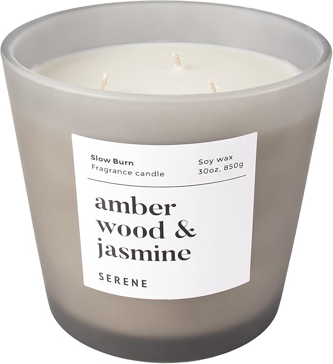 Hidden Label Large Scented Candle, Amber Wood & Jasmine, 30oz 3 Wick Huge Candle, Serene Collection Slow Burn Natural Soy Candles for Home Scented - Bloomnest