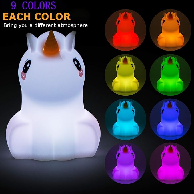 Large Unicorn Night Lights for Kids, 9 Colors silicone Bedside Table Lamps Baby Bedroom Lighting Nursery Children Tap lamp for Toddlers Boys Girls Adults Student Elder Bathroom Outdoor - Large - Bloomnest
