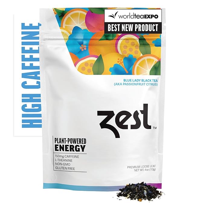 Zest 150mg High Caffeine Energy Loose Leaf Blend - Blue Lady Black Tea - 4 Oz - Hot or Iced - All Natural Strong Flavored Healthy Coffee Alternative Highly Caffeinated Substitute - Perfect for Keto - Bloomnest