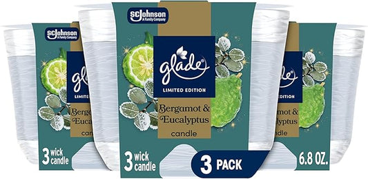 Glade 3-Wick Scented Candle Jar, Bergamot & Eucalyptus, Air Freshener Infused with Essential Oils, 6.8 Oz, 3 Count - Bloomnest