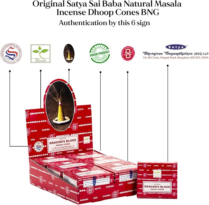 Satya Sai Baba Dragons Blood Original Earth Marked Natural Masala Incense 144 Dhoop Cones in Pack of 12 Boxes | Best for Prayer, Meditation and Relaxation AROVATIKA