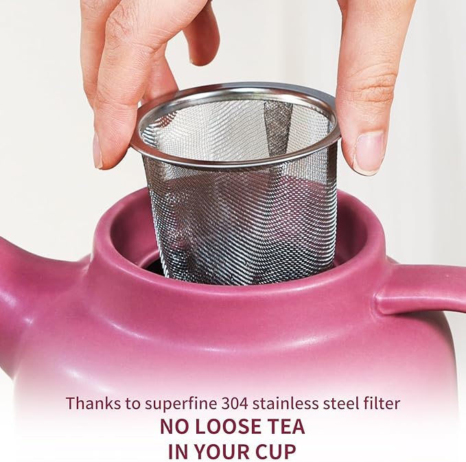 Yundu 1500ml / 50 oz Ceramic Teapot with Infuser & Wood Lid - Matte Purple, Loose Leaf Tea Pot with Removable Strainer, Large Capacity - Bloomnest