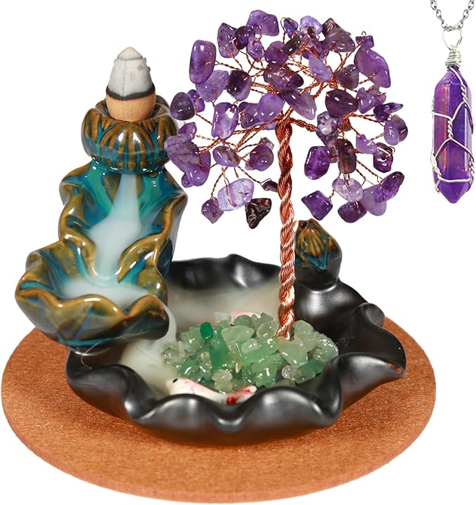Amethyst Incense Holder Burner, Waterfall Fountain Backflow Cone Burner, Healing Crystal and Stone, Women Gifts for Christma - Bloomnest