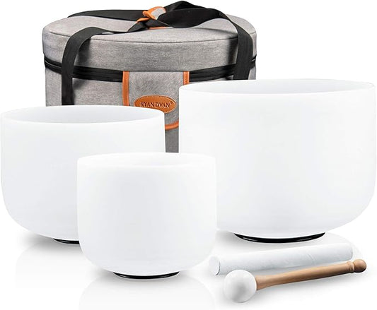 Ryan Dvan 7-11 Inch Set of 3 Frosted Quartz Crystal Singing Bowl Chakra Set with Free Carrying Case and Suede Strikers - Bloomnest