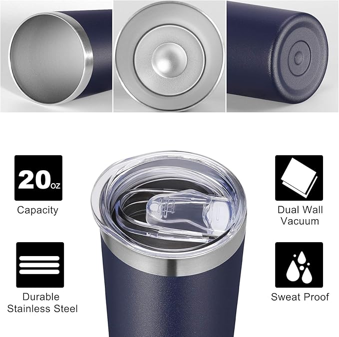VEGOND Stainless Steel Skinny Tumbler, 20 oz Vacuum Insulated Tumbler with Lid and Straw, Double Wall Coffee Cup, Travel Mug for Cold Hot Drinks, Navy Blue 1 Pack - Bloomnest