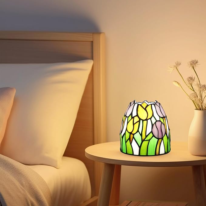 Tiffany Lamp Pink Yellow Tulips Small Stained Glass Table Light Retro Unique Nightstand Bedside Light for Home Decor Bedroom Living Room Boys Girls Christmas Gifts - Bloomnest