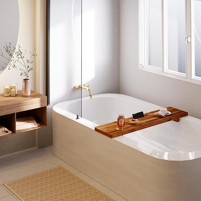 Tinamo Acacia Bathtub Caddy Tray Table | 35x9 Inch Large Bath Tub Tray Wooden | Anti-Tipping, Sustainable Tub Tray for Bathtub | Bathtub Accessories Holders for Bathtub (Acacia, 35x9) - Bloomnest