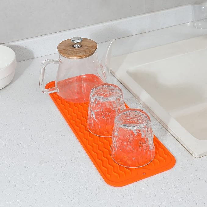 Silicone Dish Drying Mat for Multiple Usage,Easy clean,Eco-friendly,Heat-resistant Silicone Mat for Kitchen Counter,Sink,Bar,Bottle,or Cup Orange M 17 inches x 6 inches - Bloomnest