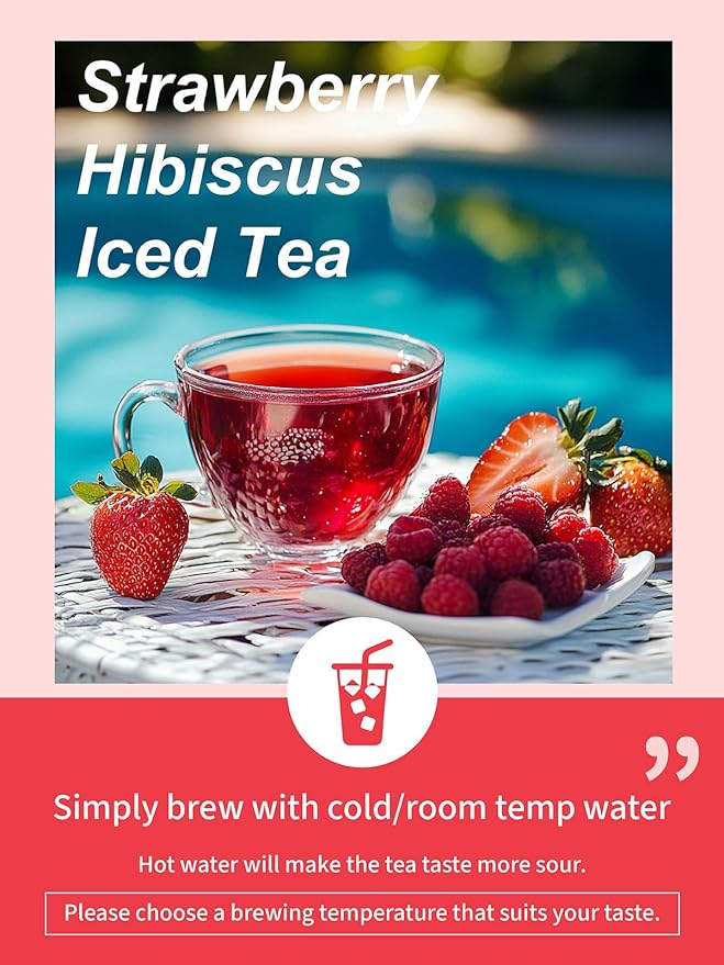 TeeLux Strawberry Hibiscus Iced Tea, Natural Hibiscus Tea with Stevia and Rosehip, Tangy & Sweet Flavor, Caffeine Free, 100 Count - Bloomnest