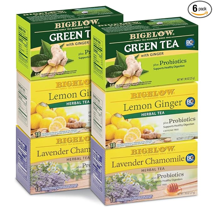 Bigelow Tea Probiotic 3 Flavor Tea Variety Pack, Caffeinated and Caffeine Free Green Tea Bags and Herbal Tea Bags, 18 Count Box (Pack of 6), 108 Total Tea Bags - Bloomnest