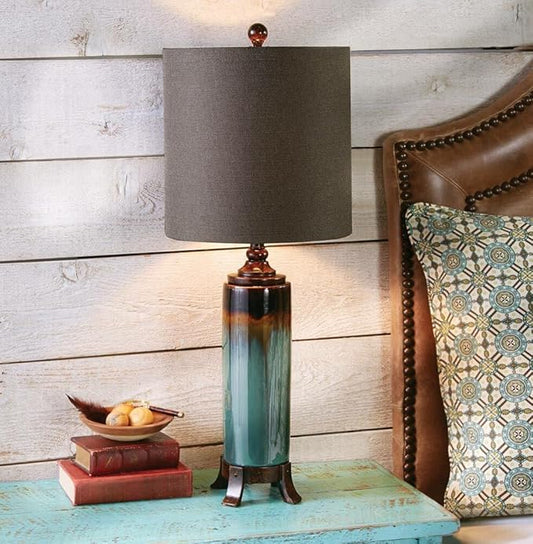 BLACK FOREST DECOR Rustic Canyon Rim Table Lamp - Turquoise Drip Glaze Ceramic Lamp with Mocha Shade - 32.5" - Bloomnest