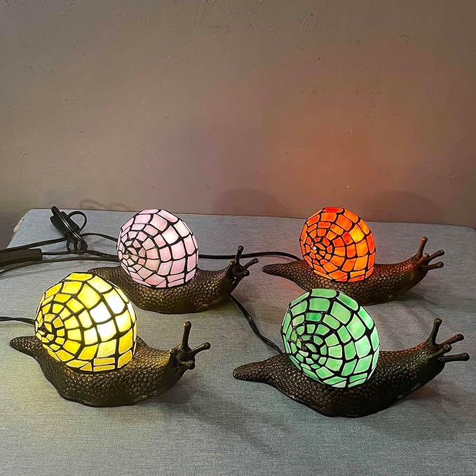 Bieye L10962 Land Snail Tiffany Style Stained Glass Accent Table Lamp for Home Decoration (Pink, 10" D x 5" W x 5" H) - Bloomnest