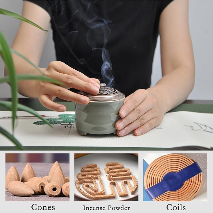 Ceramic Incense Holder with Beauty Lid,Coil Incense Burner for Cone and Powder Incense,Mediation Gift,Home Decor（Light Green） - Bloomnest