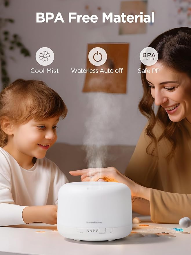 InnoGear 500ml Essential Oil Diffuser with Remote Control, Premium Ultrasonic Aromatherapy Diffusers Scent Humidifier Vaporizer Auto-Off Timer for Large Room Home, Basic White - Bloomnest