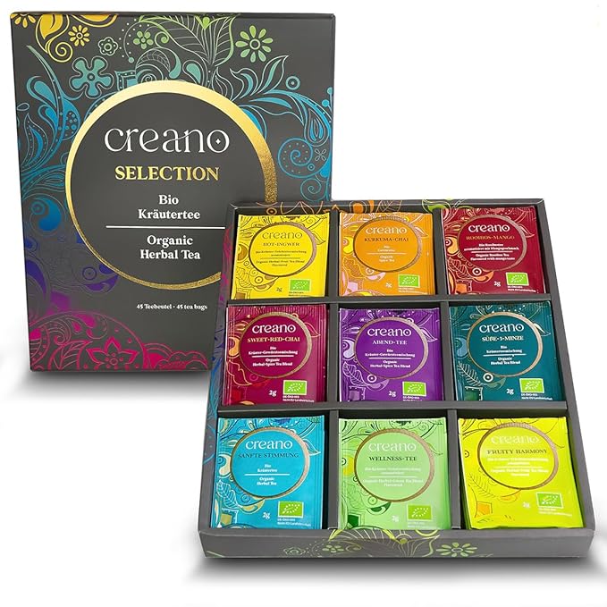 Creano Organic Herbal Tea Gift Set Grey - 45 Organic Tea Bags in 9 Different Varieties - 90 g - Bloomnest