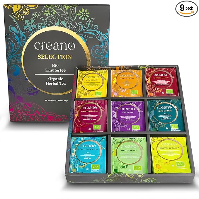 Creano Organic Herbal Tea Gift Set Grey - 45 Organic Tea Bags in 9 Different Varieties - 90 g - Bloomnest