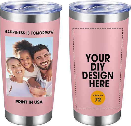 Personalized Custom Tumbler Print in USA 72 Pcs 20oz Stainless Steel Coffee Cup with Lid & Straw Double Wall Insulated Tumbler with Colorful Text Logo Photo - Bloomnest