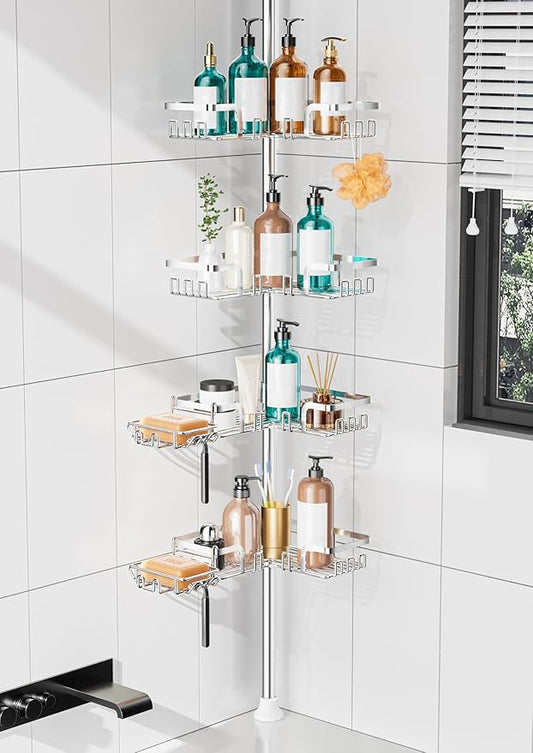 KEGII Shower Caddy Tension Pole – Corner Rustproof Bathroom Organizer with Soap Holder & Hooks, No-Drill Adjustable Shower Shelf for Renters for Families & Renters, 25-114.2 Inch, Silver - Bloomnest
