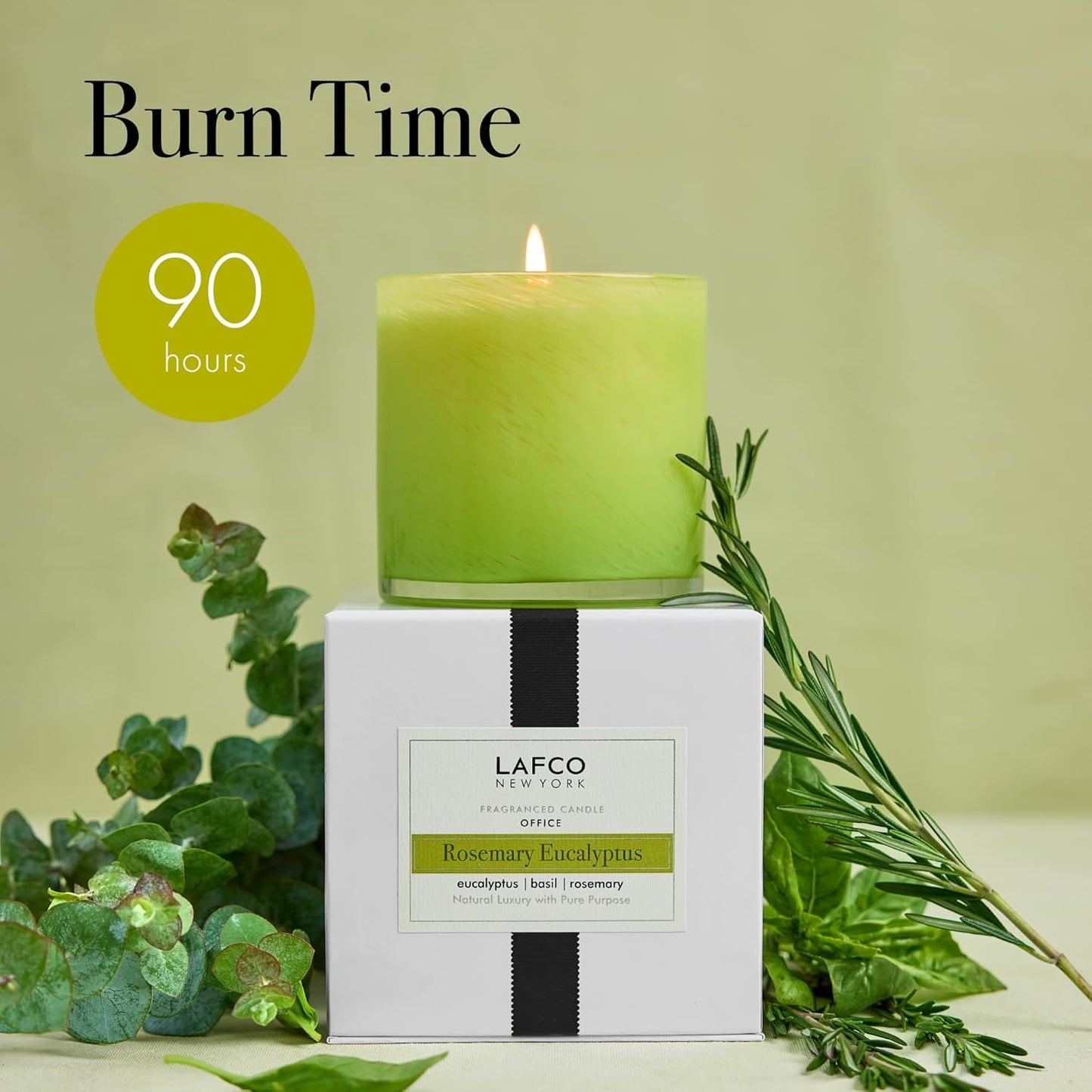 LAFCO New York Signature Candle, Rosemary Eucalyptus - 15.5 oz - 90-Hour Burn Time - Reusable, Hand Blown Glass Vessel - Made in The USA