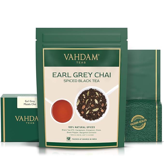 VAHDAM Earl Grey Masala Chai - High Caffeine, Non GMO, Gluten Free | Citrusy Earl Grey Tea Leaves w/ Pure Bergamot Oil | Brew Hot, Iced or Chai Latte | Vacuum Sealed Pack (50 Cups/3.53 oz) - Bloomnest
