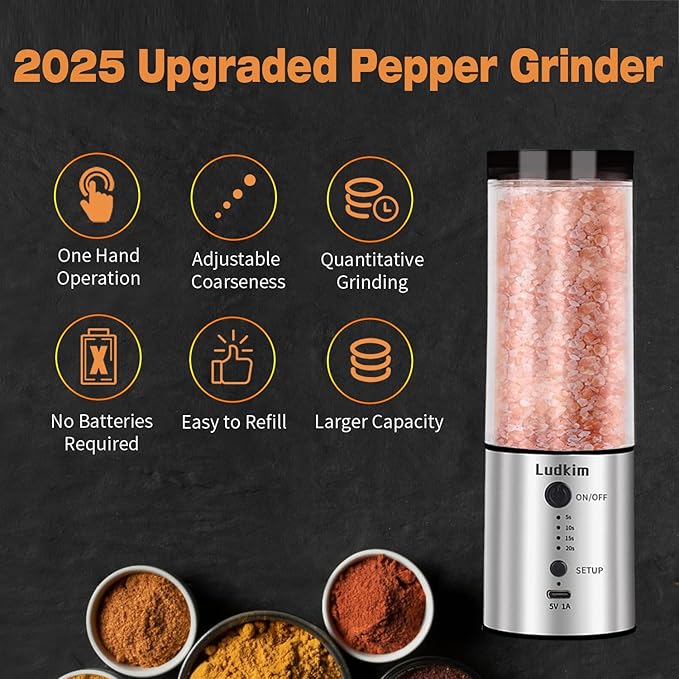 Stainless Steel Electric Pepper Grinder with Massive 240ML See-Through Hopper - USB-C Rechargeable, Adjustable 5-20s Timer, Powerful Ceramic Grinder for Salt, Peppercorns & Dry Spices (2025 Upgraded) - Bloomnest
