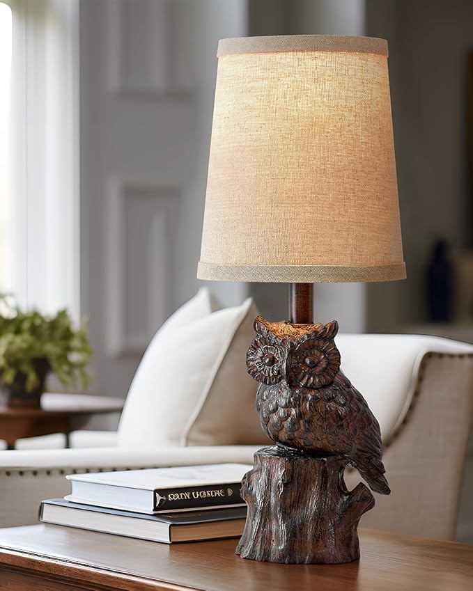 14.25" Small Table Lamp for Living Room Farmhouse Bedside Resin Single Lamp with Brown Owl Lamp Shape for Bedroom Retro Rustic Nightstand Lamp - Bloomnest