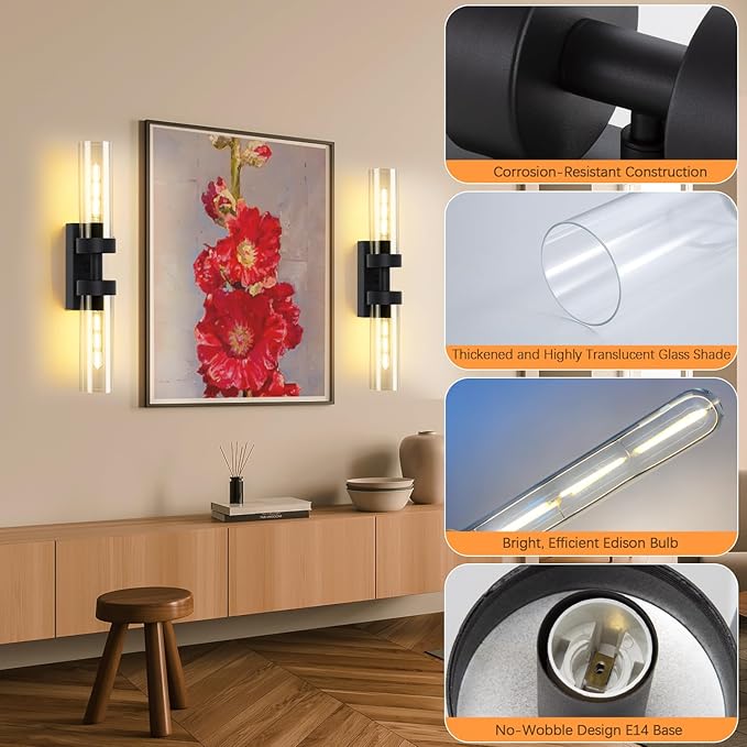 Rechargeable Wall Sconces Set of Two with Remote, Black Battery Operated Wall Sconce with Clear Glass, Sconces Wall Decor Set of 2 Wall Light Fixtures for Bedroom Bathroom Mirror Living Room - Bloomnest