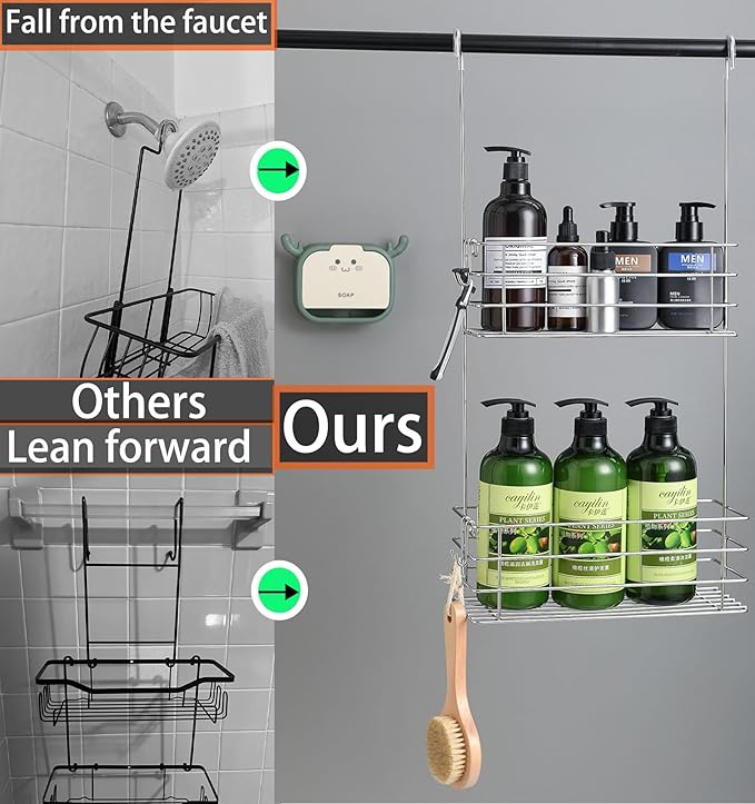 Hanging Shower Rack Shower Caddy with Rotatable Hook bar Over the Door and Can be Hung on the Faucet or Claw Foot, 304 Stainless Steel Rust Proof and Durable (Double-Layer) - Bloomnest