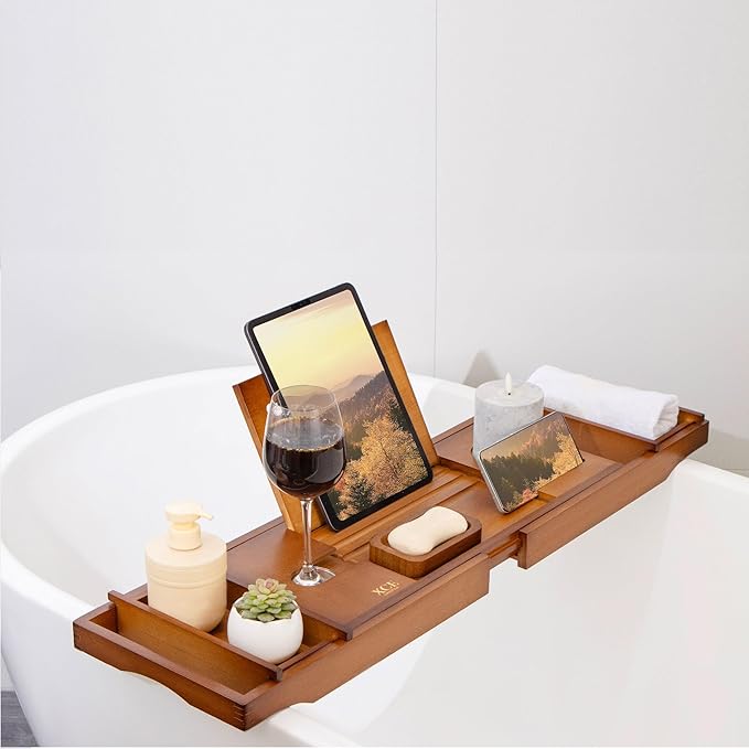 XcE Bamboo Bathtub Caddy Tray - Expandable to 41 Inches with Book Stand, Soap Holder & Anti-Slip Pads for Luxury Bath Spa, Brown - Bloomnest