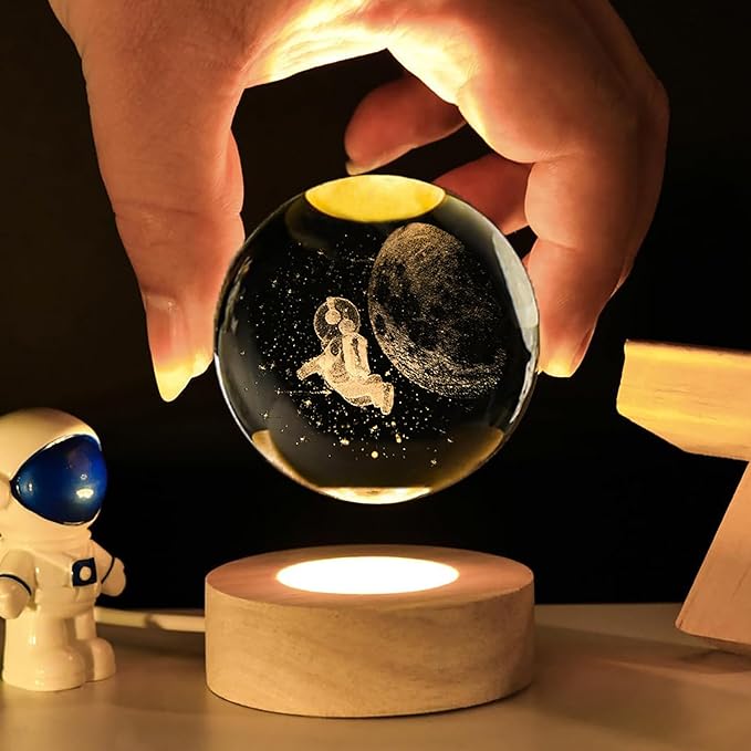 Astronaut Crystal Ball with LED Light Base, 60mm Glass Sphere Decorative Balls, Universe Space Galaxy Lamp Gifts - Bloomnest