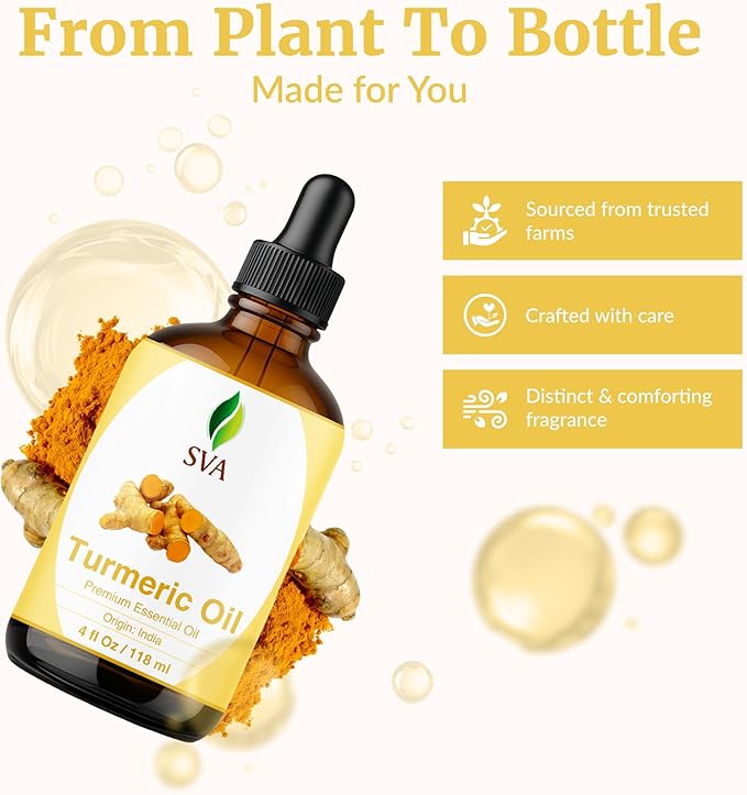 SVA Turmeric Essential Oil – 4 Fl Oz – 100% Natural Turmeric Oil - for Diffuser, Hair Care, Face, Skin Care, Aromatherapy, Scalp and Body Massage, Soap and Candle Making – with Dropper - Bloomnest