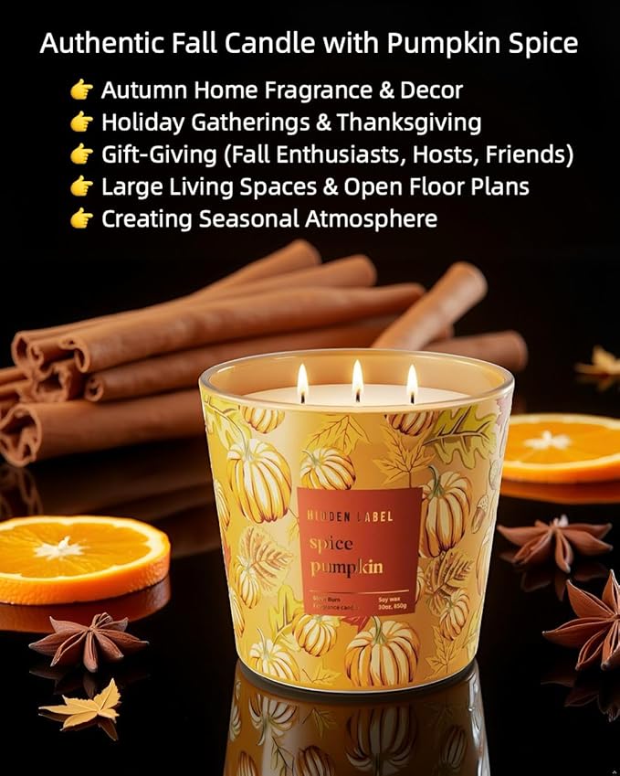 Hidden Label Pumpkin Spice Fall Candles, 3 Wick Large Scented Candle for Home, 30oz Natural Soy Candles for Home Scented,100 Hour Burn Time, Long Lasting Highly Scented Luxury Candle Gift - Bloomnest