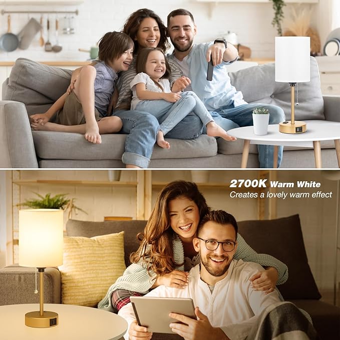 Dicoool Small Bedside Lamps 3 Color Modes - 3000K 4000K 5000K Bedroom Lamps with USB C and A Ports, Pull Chain Gold Table Lamps with AC Outlet, Nightstand Lamps with Gold Metal Base for Kids Reading - Bloomnest