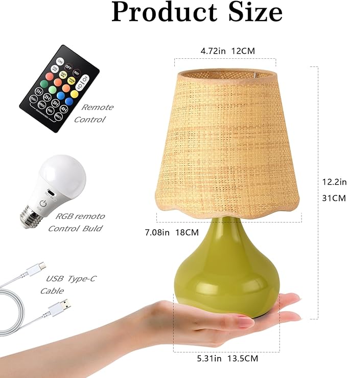 Cordless Table Lamp Rechargeable, Green Mini Cute Table Lamp for Nightstand, Battery Operated Small Table Lamp for Small Spaces for Kitchen Counter, Bookshelf, Bedside, Bedroom, Living Room - Bloomnest