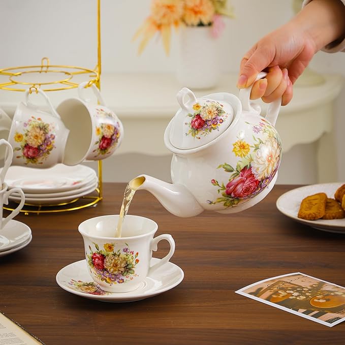 20-Pieces Porcelain Tea Sets For Women, Tea Set For Adult with Golden Metal Rack,Tea Gift Sets for Home&Party(012) - Bloomnest