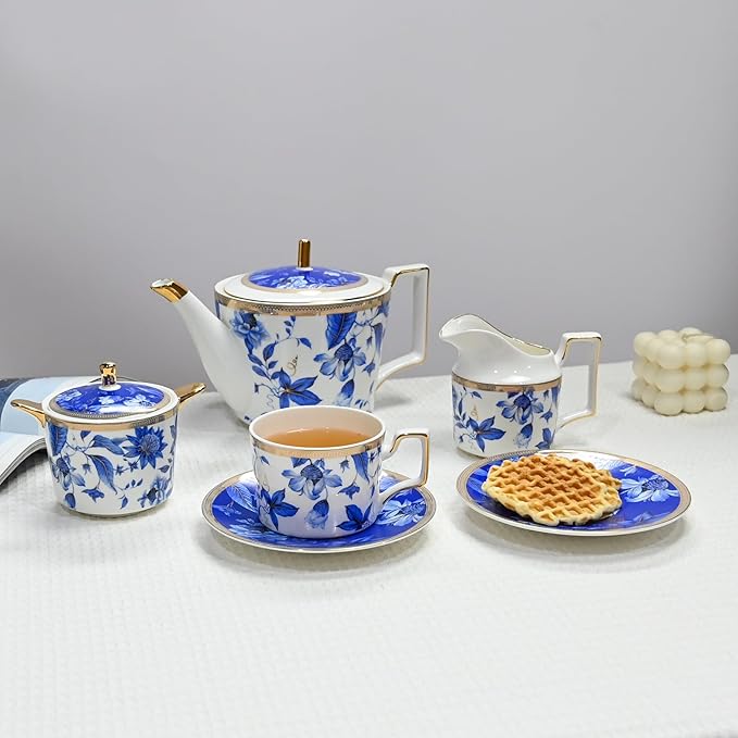 Bone China Tea Set for Adults, Blue and White Porcelain Tea Sets, Bone China Tea Cup Set With Teapot Creamer Pitcher Sugar Bowl and Teaspoons, Vintage Tea Sets for Women Tea Part - Bloomnest