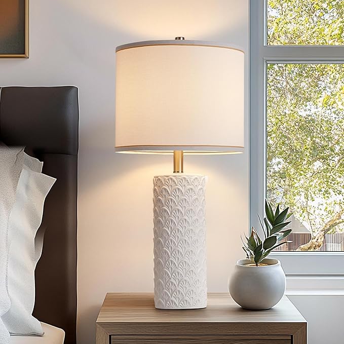 27" Farmhouse Bedside Table Lamp Set of 2, White Modern Ceramic Lamps for Living Room, 3 Color Temperature Rustic Table Lamps for Bedroom, Night Stands, Dorm,Office, Home Décor (Bulb Included - Bloomnest
