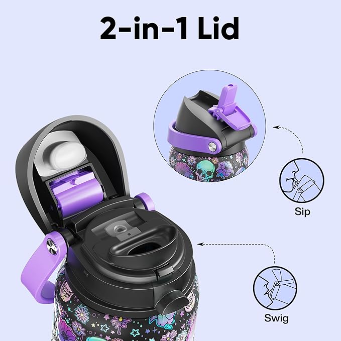 Insulated Water Bottle with Straw - Encool Stainless Steel Water Bottle with Push Button Lid, Leak-Proof & BPA-Free, Keeps Cold for 24 Hours for Sports, Travel, Gym (32 oz, Floral Afterlife) ENCOOL