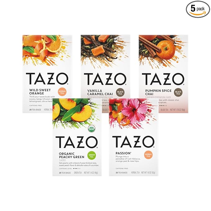 TAZO Tea Bags, Passion, Pumpkin Chai, Vanilla Caramel Chai, Wild Sweet Orange, Peachy Green, 20 CT (1ea) (Variety Pack) - Bloomnest