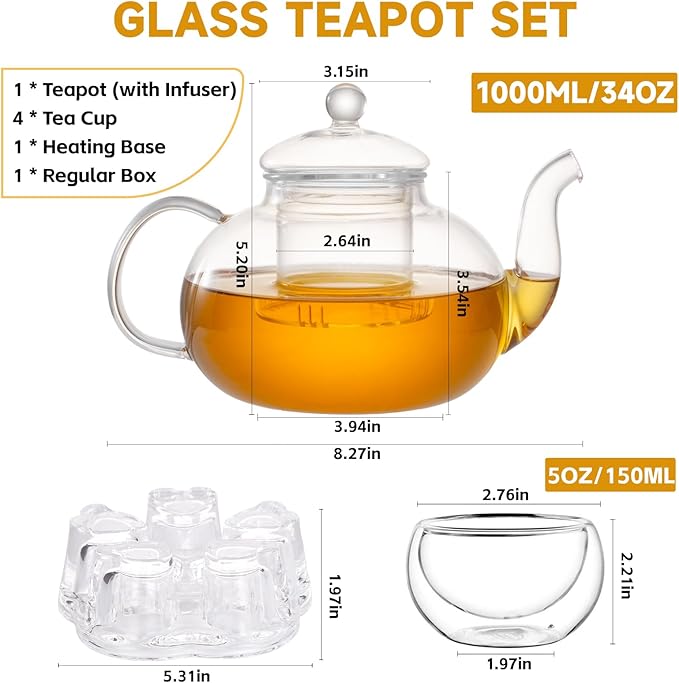 Glass Teapot Set, 34OZ/1000ML Glass Tea Kettle with Loose Tea Infuser & Warmer, 5OZ/150ML Double-Wall Tea Cup Set of 4, Stovetop & Microwave Safe Tea Maker, Blooming Tea Gift Set For Women - Bloomnest