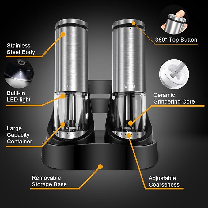 Electric Salt and Pepper Grinder Set Rechargeable, External Adjustable Coarseness, Automatic Salt & Pepper Shakers Mills, Kitchen Gadgets,Stocking Stuffers Christmas Cooking Gifts for Adults Men Women - Bloomnest