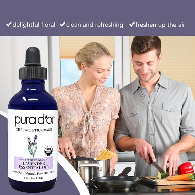 PURA D'OR Organic Lavender Essential Oil (4oz with Glass Dropper) 100% Pure & Natural Therapeutic Grade for Hair, Body, Skin, Aromatherapy Diffuser, Relaxation, Meditation, Massage, Home, DIY Soap - Bloomnest
