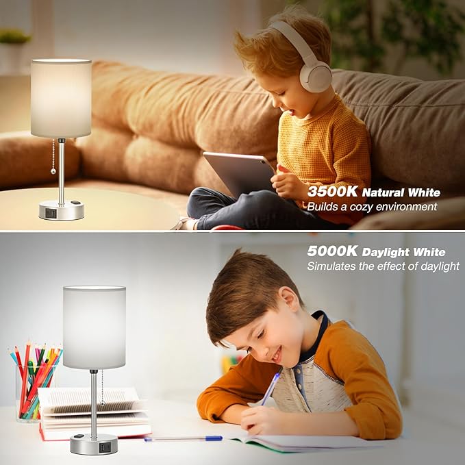 Grey Bedroom Lamp for Nightstand - 3 Color Temperature Table Lamp with USB C and A Ports, Pull Chain Bedside Lamp with AC Outlet, Desk Lamp with Silver Metal Base for Kids Girls - Bloomnest
