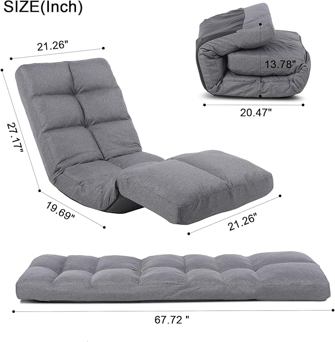 Floor Chair with Footrest Adjustable Backrest with 14 Positions Footrest 5-Position Adjustment Foldable Floor Gaming Chair for Easy Storage Linen Fabirc Chaise Lounge 086 (Grey)