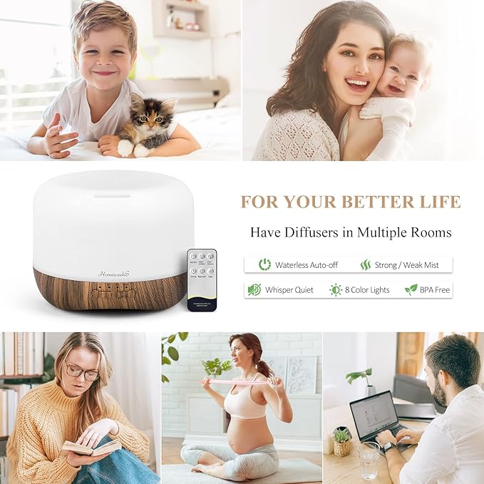 Aromatherapy Essential Oil Diffuser for Room: 500ml Colorful Aroma Air Humidifier with Adjustable Cool Mist Mode, Waterless Auto Off Ultrasonic Diffusers for Large Room Home Office(Brown) - Bloomnest