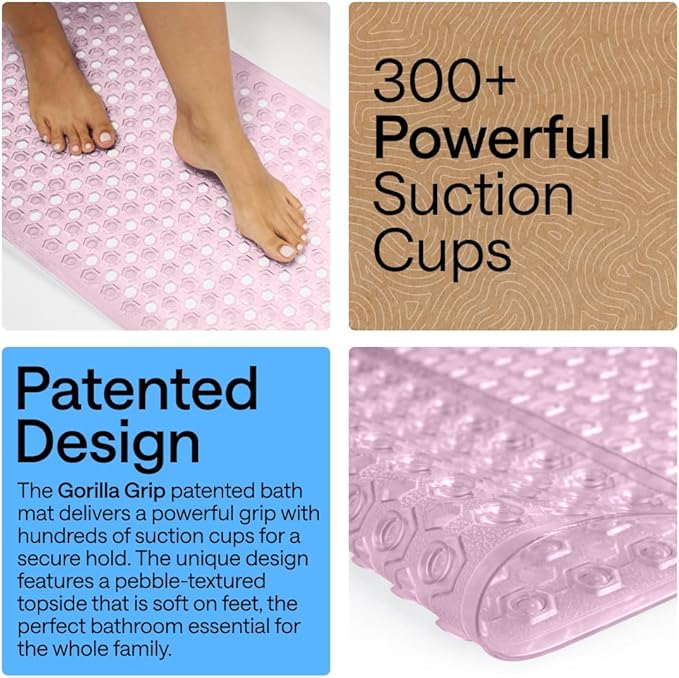 GORILLA GRIP Patented Bath Tub Shower Mat, Machine Washable Bathtub Floor Liner Mats, Suction Cups and Drain Holes to Keep Tubs Clean, Soft on Feet, Bathroom Essentials, 35x16 Inch, Clear Light Pink - Bloomnest